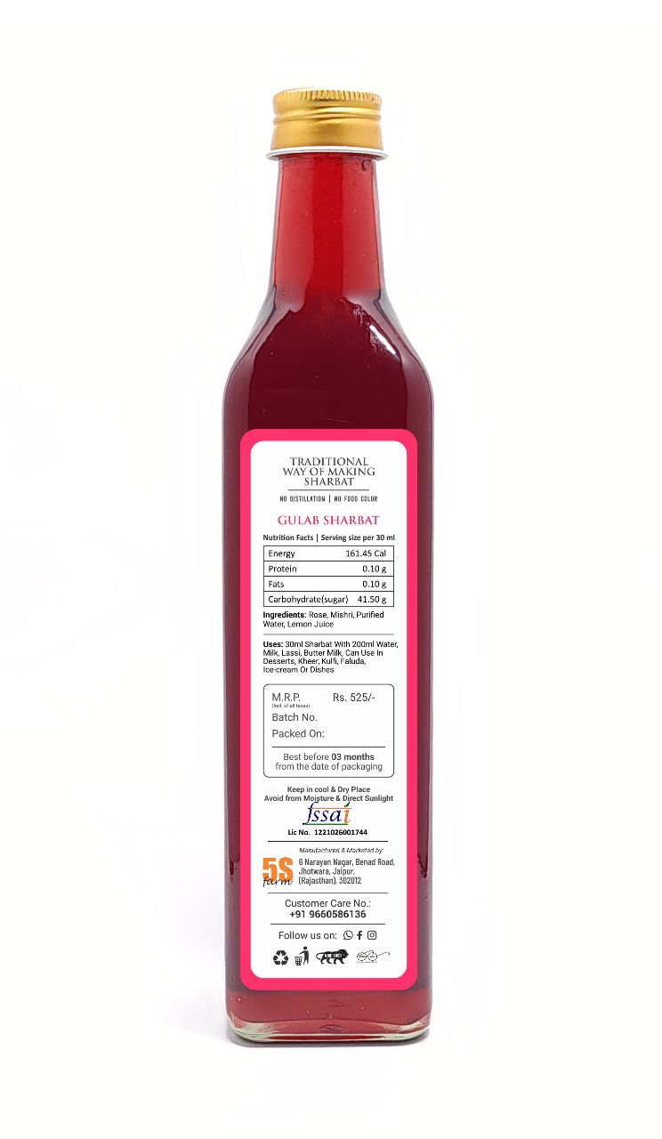 Sharbat | Gulab Khaas – Taste Of Rajputana - Natural Ingredients - No Added Artificial Colors, Distillation &amp;amp; No Added Preservatives – 5S Farm – 700ml