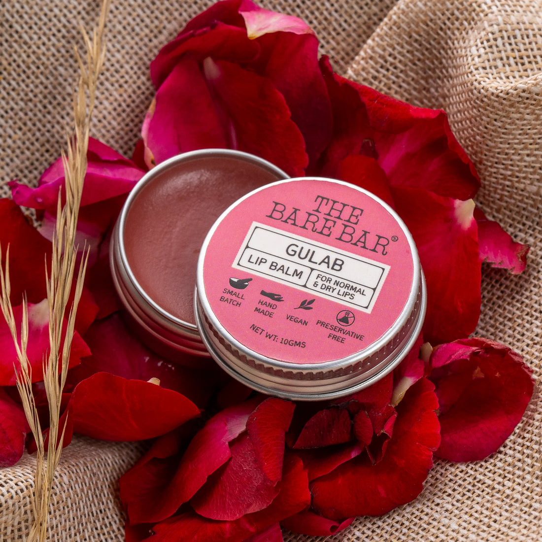 Lip Balm | Gulab - Hydrates & Nourishes Lips - No Artificial Flavors, Preservatives & Mineral Oil Free - The Bare Bar - 10gm