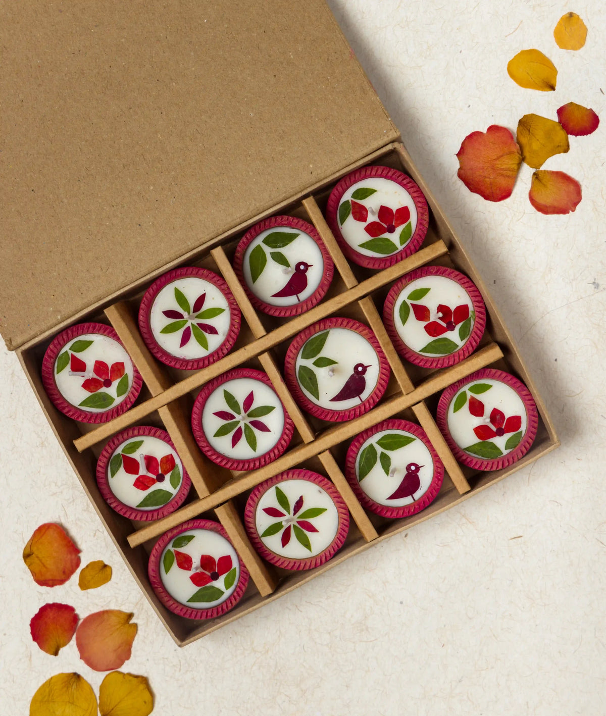 Diya | Summer Dance Diya - Handcrafted – Eco Friendly Soy Wax, No Chemical &amp; No Harmful Fumes – Nature’s Soul - Set of 12 (22 × 18 × 5 cm)