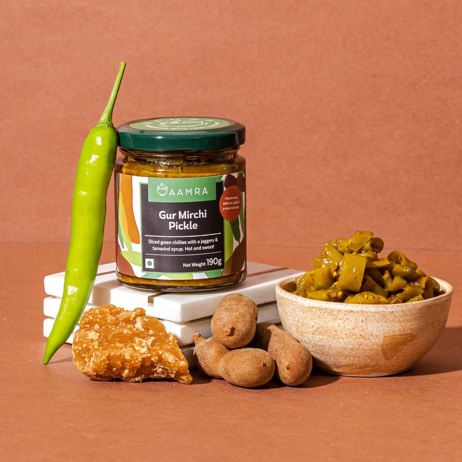 Pickle | Gur Mirchi Pickle ( Sliced Green Chillies With A Jaggery &amp;amp; Tamarind Syrup) - Hot &amp;amp; Sweet - Low Oil &amp;amp; No Artificial Preservatives - Aamra - 190gm