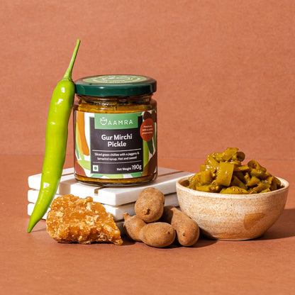 Pickle | Gur Mirchi Pickle ( Sliced Green Chillies With A Jaggery &amp;amp; Tamarind Syrup) - Hot &amp;amp; Sweet - Low Oil &amp;amp; No Artificial Preservatives - Aamra - 190gm