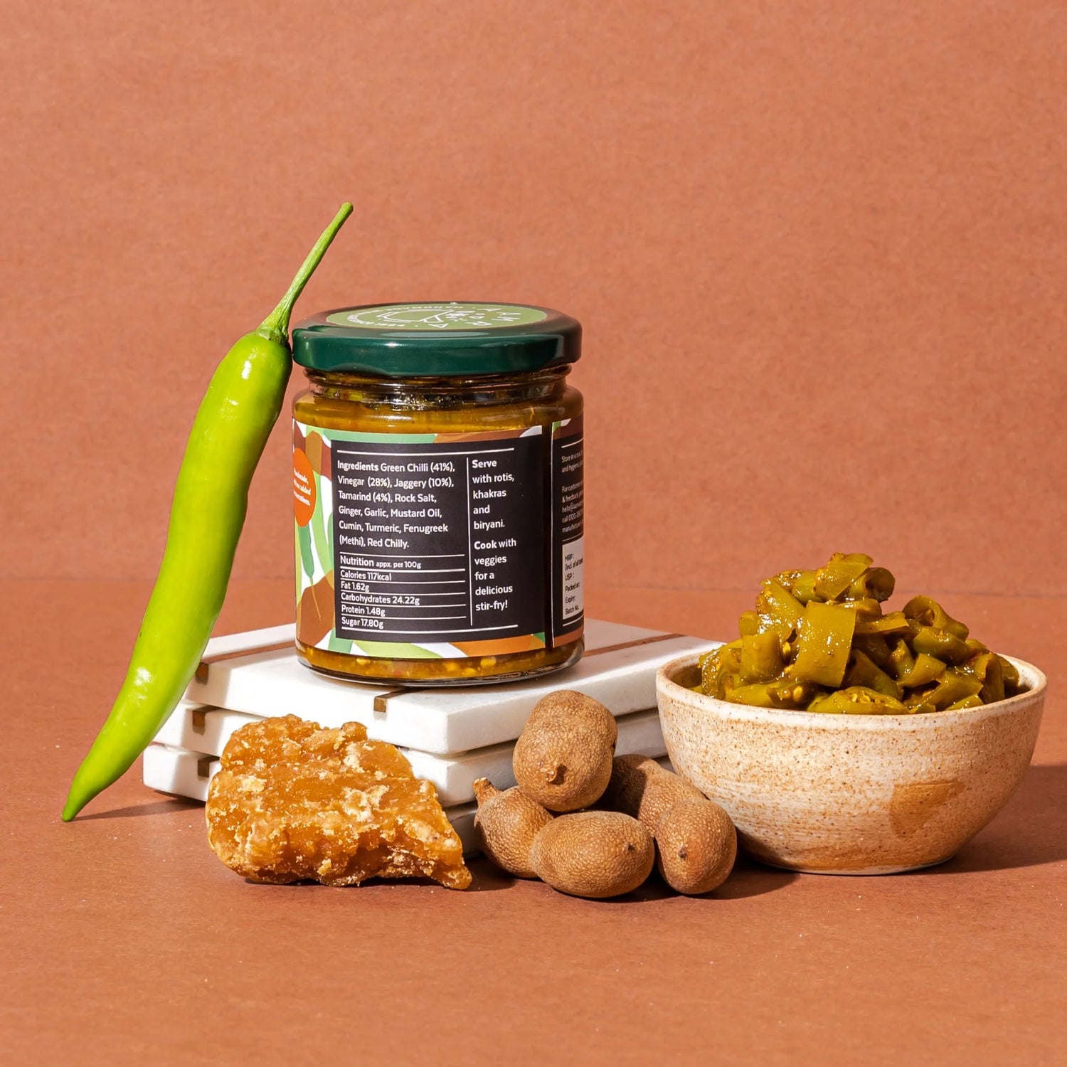 Pickle | Gur Mirchi Pickle ( Sliced Green Chillies With A Jaggery &amp;amp; Tamarind Syrup) - Hot &amp;amp; Sweet - Low Oil &amp;amp; No Artificial Preservatives - Aamra - 190gm
