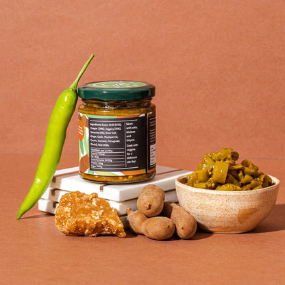 Pickle | Gur Mirchi Pickle ( Sliced Green Chillies With A Jaggery &amp;amp; Tamarind Syrup) - Hot &amp;amp; Sweet - Low Oil &amp;amp; No Artificial Preservatives - Aamra - 190gm