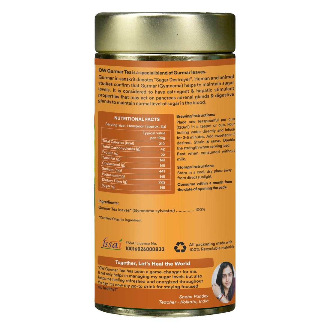 Tea | Gurmar Gymnema Sylvestre Tea - USDA Organic – Caffeine Free, Tin Pack - Organic Wellness –  100gm