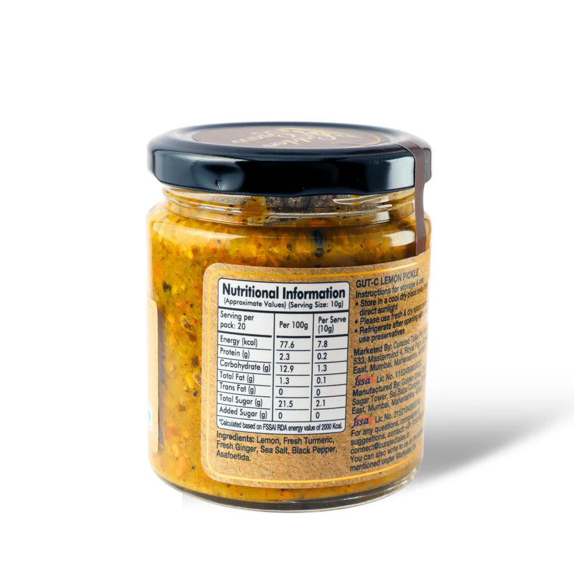 Pickle | Gut C Lemon Pickle (Home Made With Probiotic Goodness) – 100% Natural – Vegan, No Added Colour &amp; No Added Preservatives – Golden Grass – 200gm