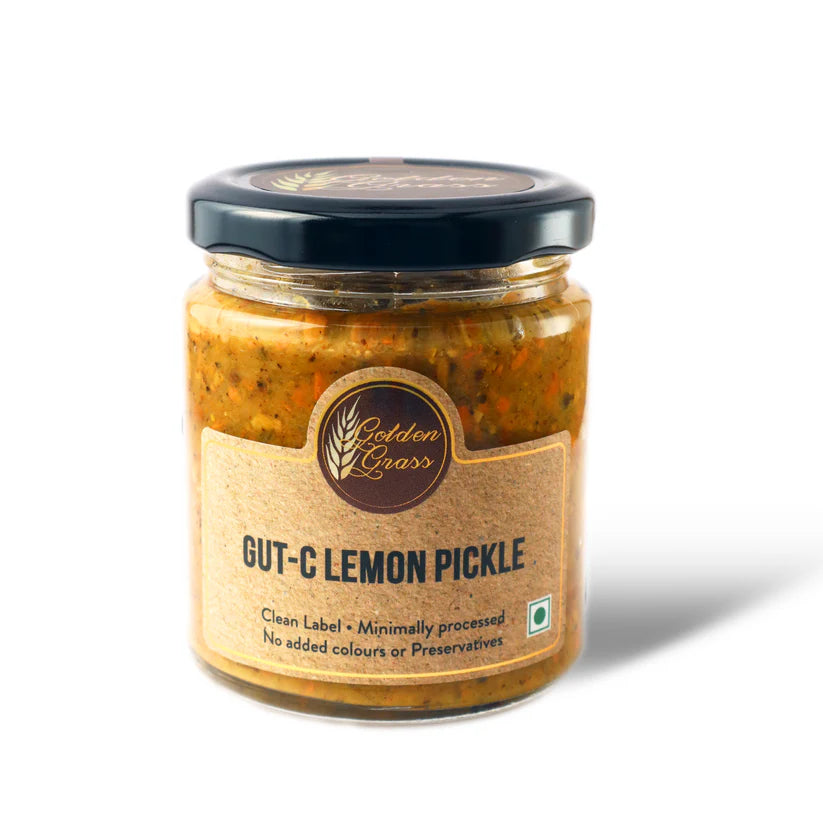 Pickle | Gut C Lemon Pickle (Home Made With Probiotic Goodness) – 100% Natural – Vegan, No Added Colour & No Added Preservatives – Golden Grass – 200gm