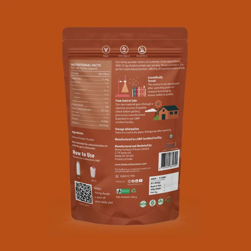 Protein Powder | Hemp – 13.5gm Protein – Build Lean Muscle - Digest Easily - Increase Energy Levels - Natural – Vegan &amp;amp; No Additives – Health Horizon – 150gm