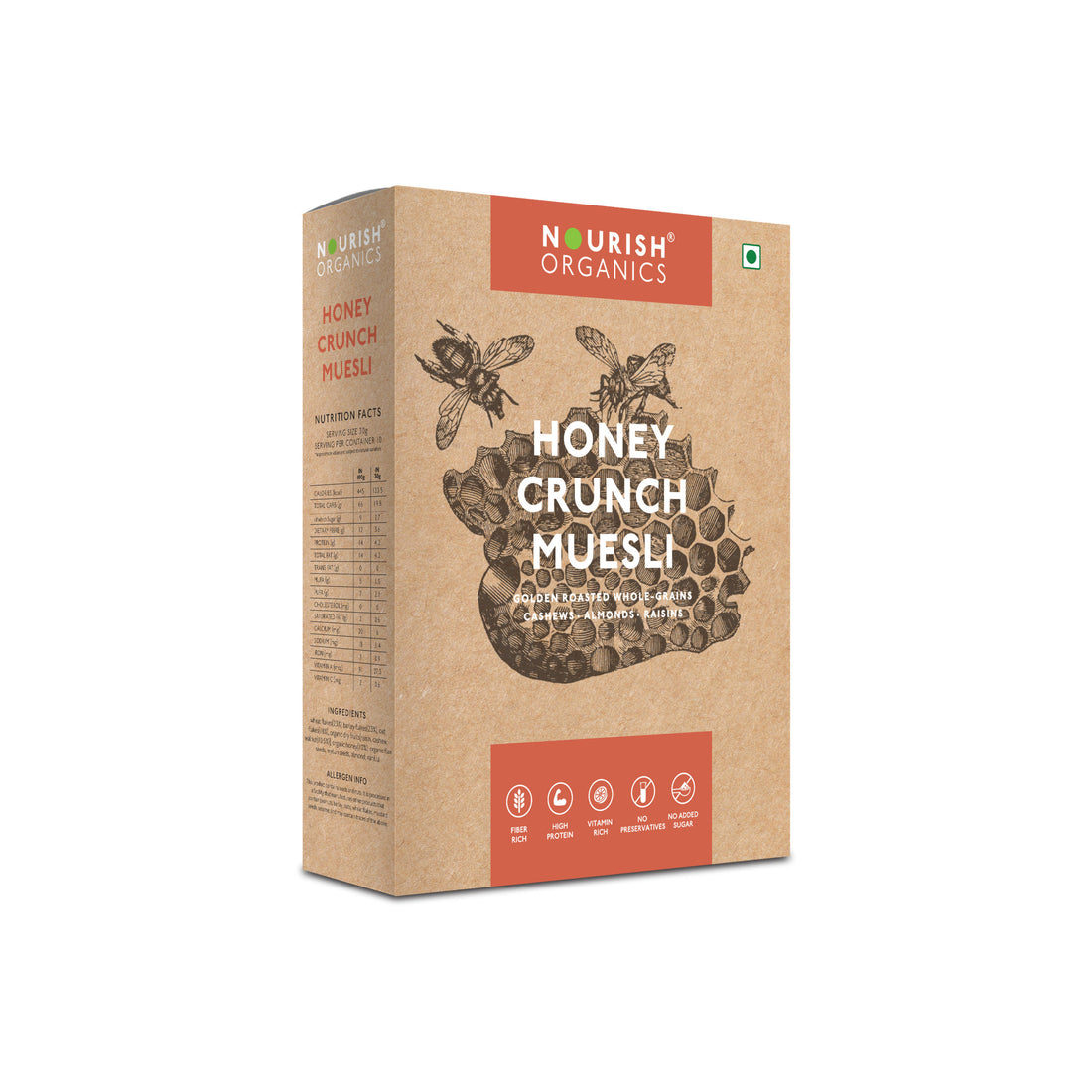 Honey Crunch Muesli - No Added Sugar, High Protein, Rich In Fiber, Low Calorie, Lactose Free & Fat Free - Nourish Organics - 300gm
