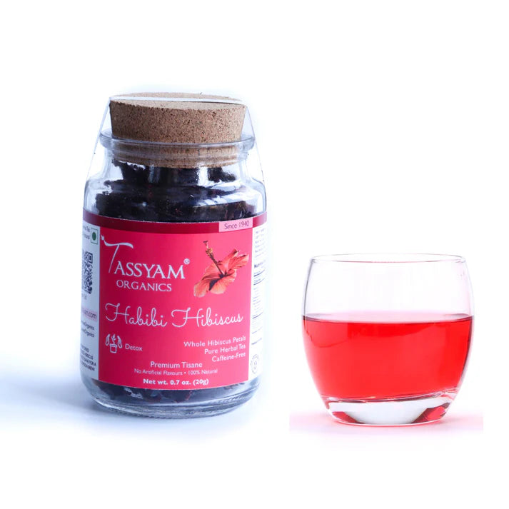 Tea | Habibi Hibiscus Petals Herbal Tea (Whole Hibiscus Petals) - Pure Herbal Tea - 100% Natural - Caffeine Free - No Artificial Flavours - Tassyam Organic - 20gm Bottle