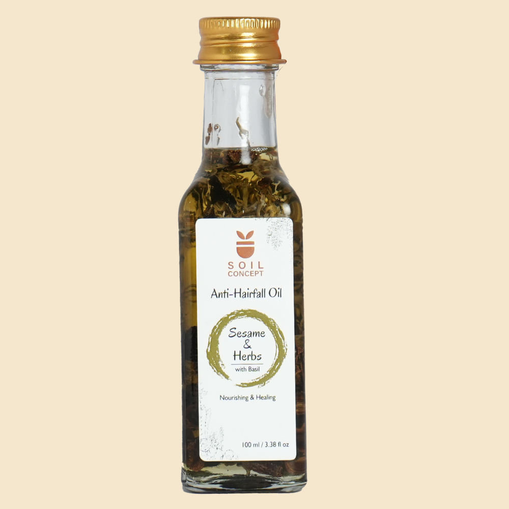 Anti Hair Fall Oil | (Sesame & Herbs With Basil) - Nourishing & Healing - Natural - Parabens Free, Sls Free, Sulfates Free, Preservatives Free, Colors & Synthetic Fragrance Free - Soil Concept - 100ml