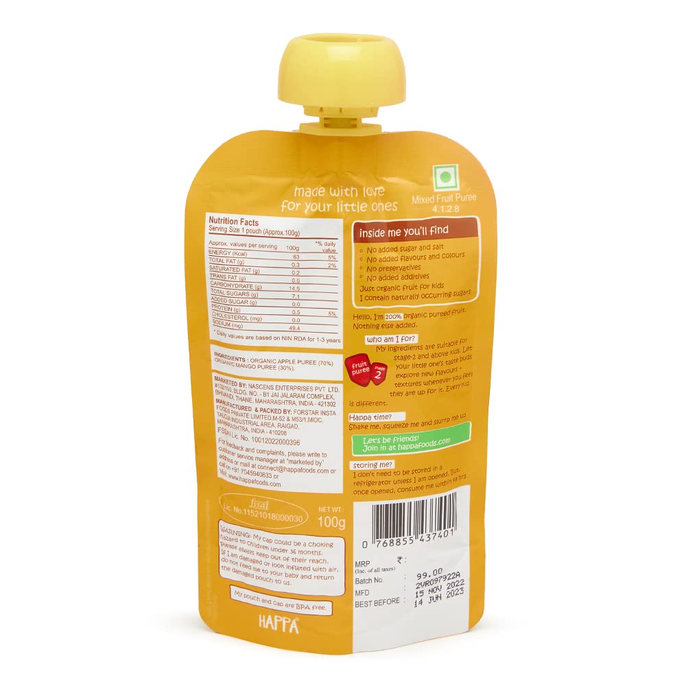 Puree | Apple + Mangoes Puree – Organic – Vegan, Gluten Free, No Added Sugar, No Salt, No Added Flavours, Colours &amp; No Added Preservatives – Happa – 100gm