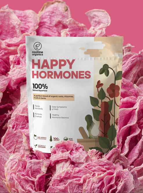Happy Hormone | (A Perfect Blend Of Organic Roots, Rhizomes, Fruits & Bark) - Tones The Body - Ease Symptoms Of Pms - Relieves Cramps - Natural Superfood - Vegan, Non Gmo & No Added Preservatives - Rootine Organics - 100gm