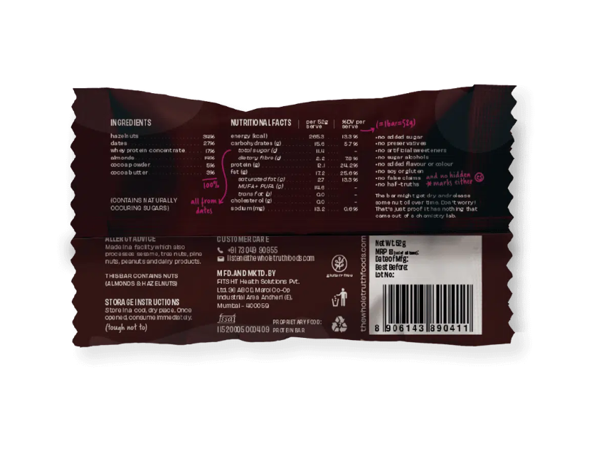 Hazelnut Cocoa 12g Protein Bar – No Added Sugar &amp; Soy Free – The Whole Truth – 52gm