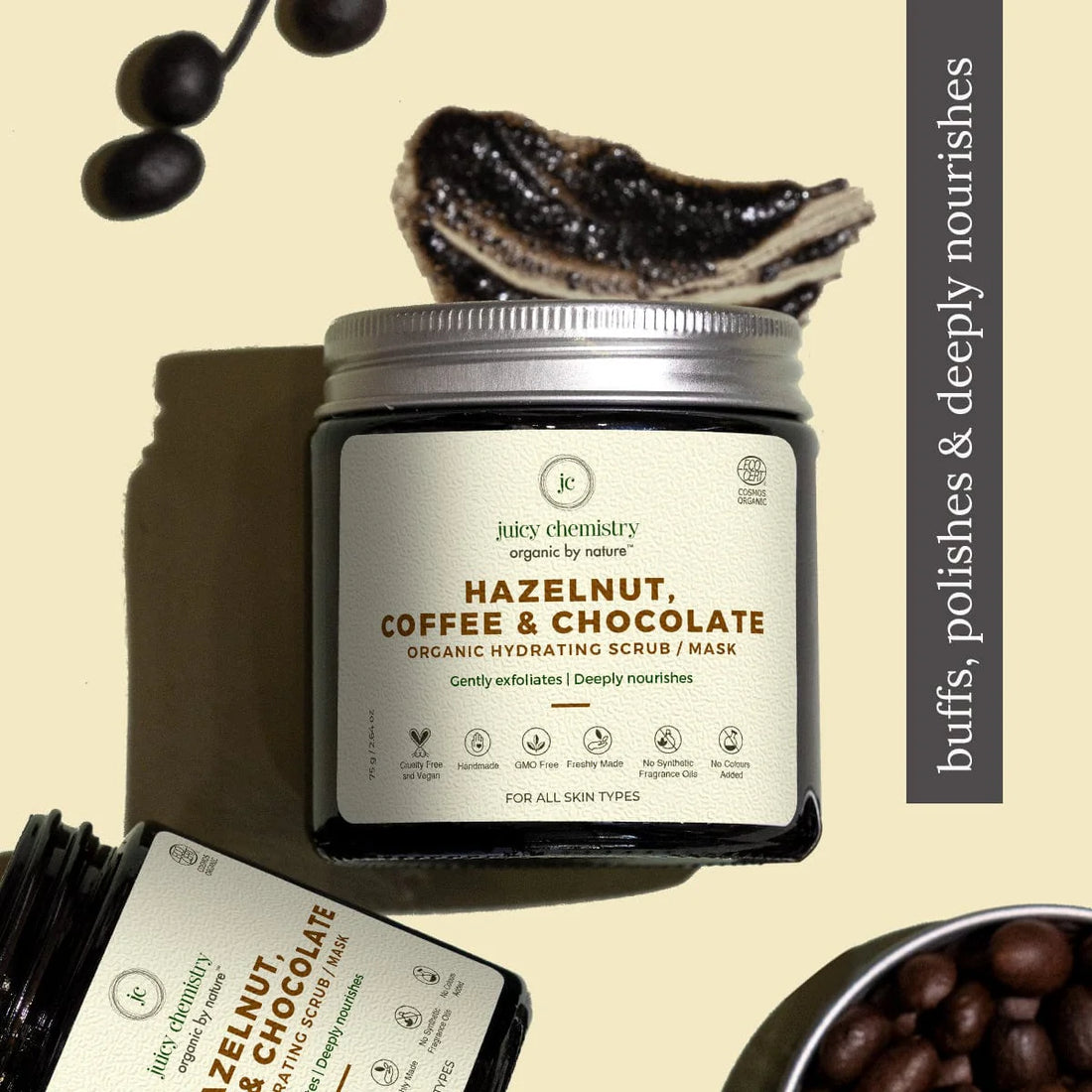 Hazelnut, Coffee &amp;amp; Chocolate Organic Face Scrub/Mask - Juicy Chemistry - 75gm