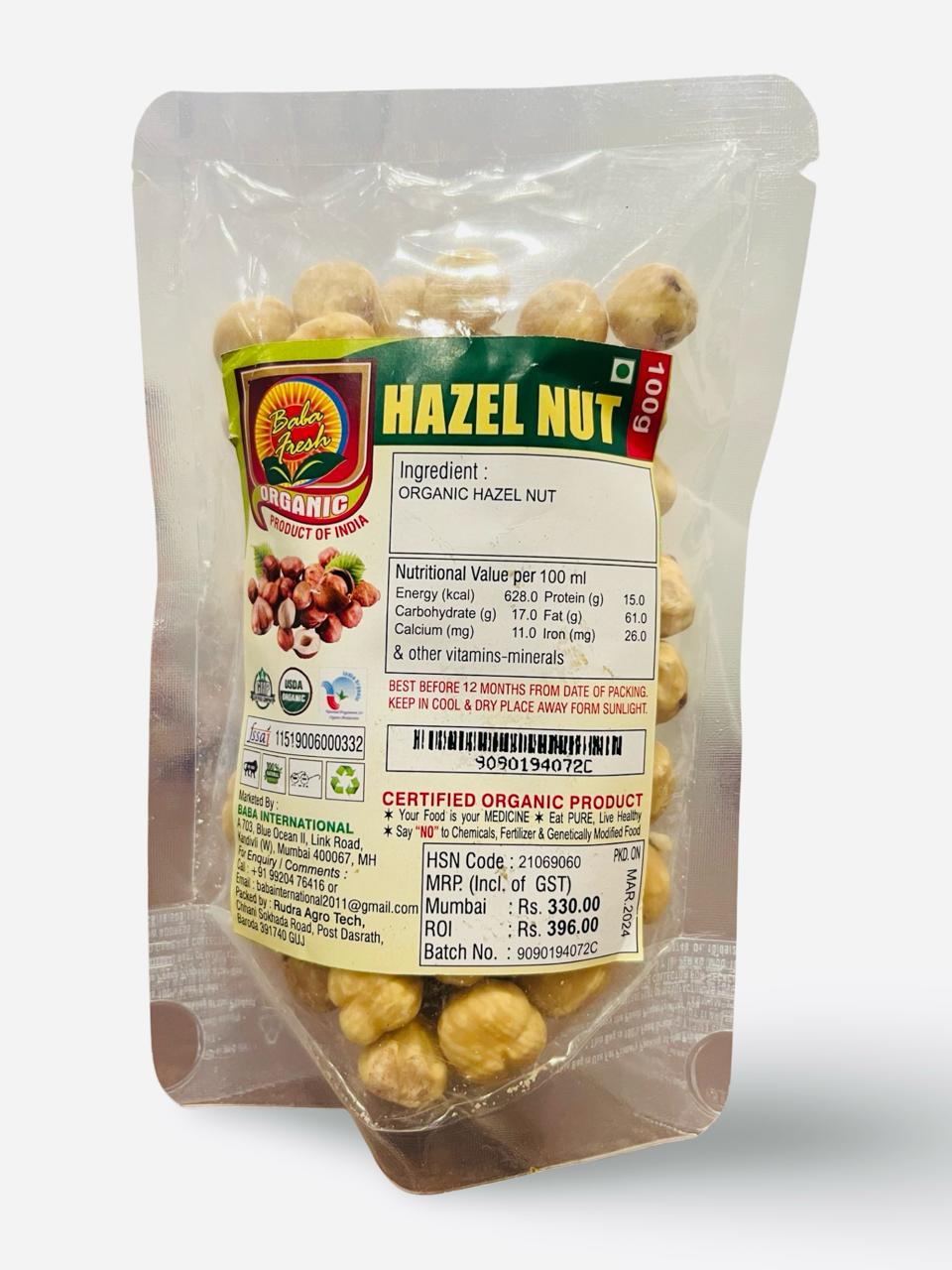 Hazelnut | Dried Hazelnut - USDA Organic - Baba Fresh - 100gm