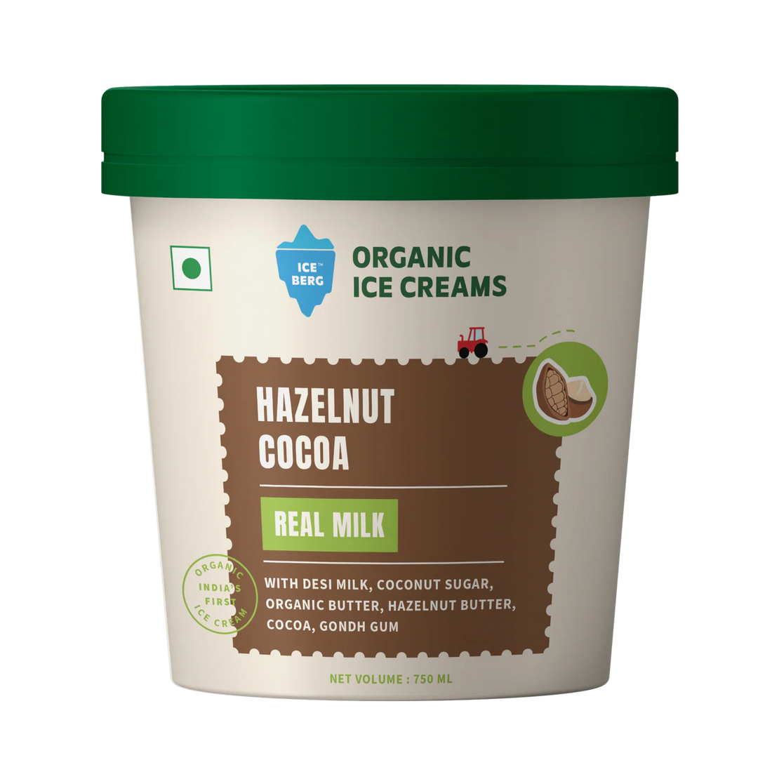 Ice Cream | Hazelnut Cocoa Ice Cream (Made From Real Milk, Gondh Gum, Organic Butter, Hazelnut Cocoa ) - Churned with authentic &amp; Real Ingredients - Iceberg Organic Ice Cream - 750ml