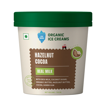 Ice Cream | Hazelnut Cocoa Ice Cream (Made From Real Milk, Gondh Gum, Organic Butter, Hazelnut Cocoa ) - Churned with authentic &amp; Real Ingredients - Iceberg Organic Ice Cream - 750ml