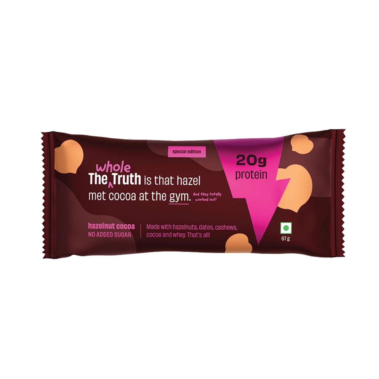 Bar | Hazelnut Cocoa Pro Bar (Made With Hazelnuts, Dates, Cashews, Cocoa And Whey) - 20gm Protein – Gluten Free, No Added Sugar, Soy Free &amp; No Added Preservatives – The Whole Truth – 67gm