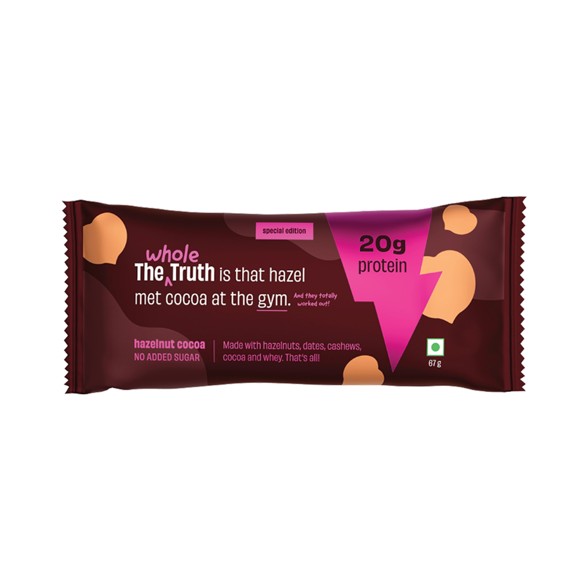 Bar | Hazelnut Cocoa Pro Bar (Made With Hazelnuts, Dates, Cashews, Cocoa And Whey) - 20gm Protein – Gluten Free, No Added Sugar, Soy Free &amp; No Added Preservatives – The Whole Truth – 67gm