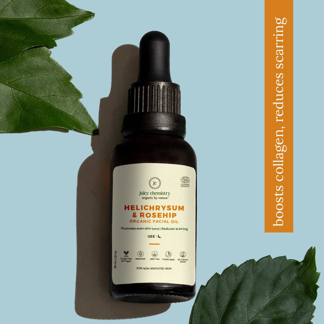 100% Organic Helichrysum &amp;amp; Rosehip (Cell Construction Facial Oil 30 ml) - Juicy Chemistry - 10ml