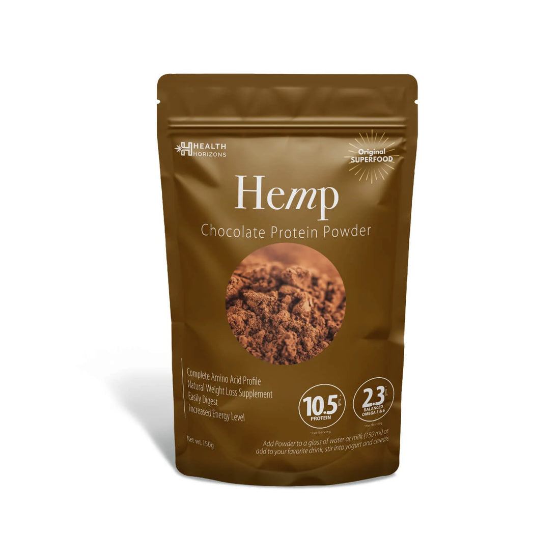 Hemp Powder | (Chocolate Flavour)  - Natural - Vegan, Gluten Free, Rich With Protein, Antioxidants, Minerals &amp; Fibre - Health Horizons - 150gm