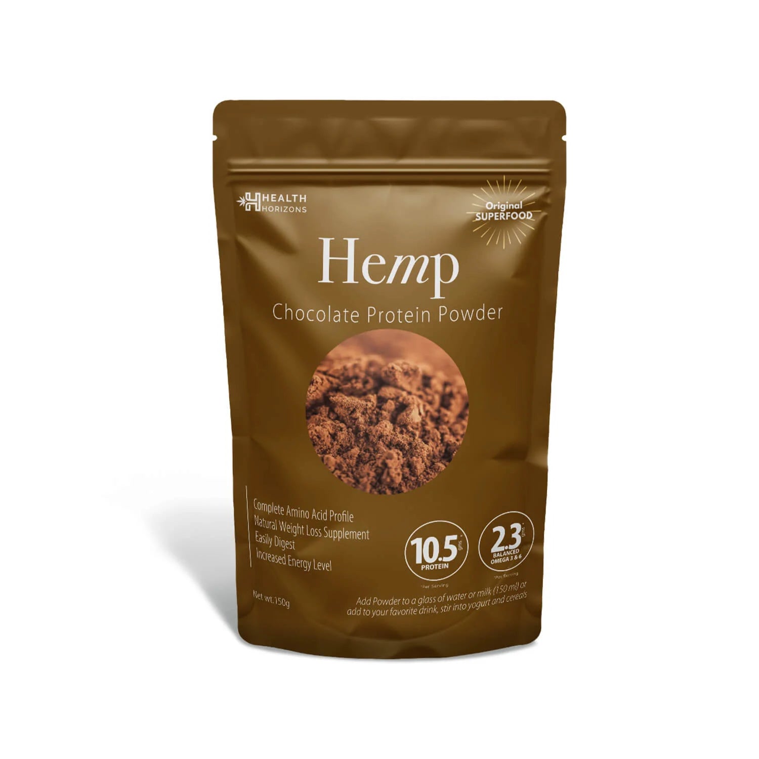 Hemp Powder | (Chocolate Flavour)  - Natural - Vegan, Gluten Free, Rich With Protein, Antioxidants, Minerals &amp; Fibre - Health Horizons - 150gm