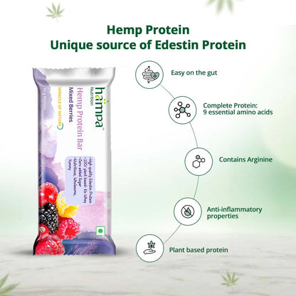 Bar | Hemp Protein Bar (Mixed Berries) - Sweetened With Dates - 10g Protein - 100% Plant Based - Vegan, Gluten Free. Lactose Free, No Whey &amp; No Added Sugar - Hampa - 50gm