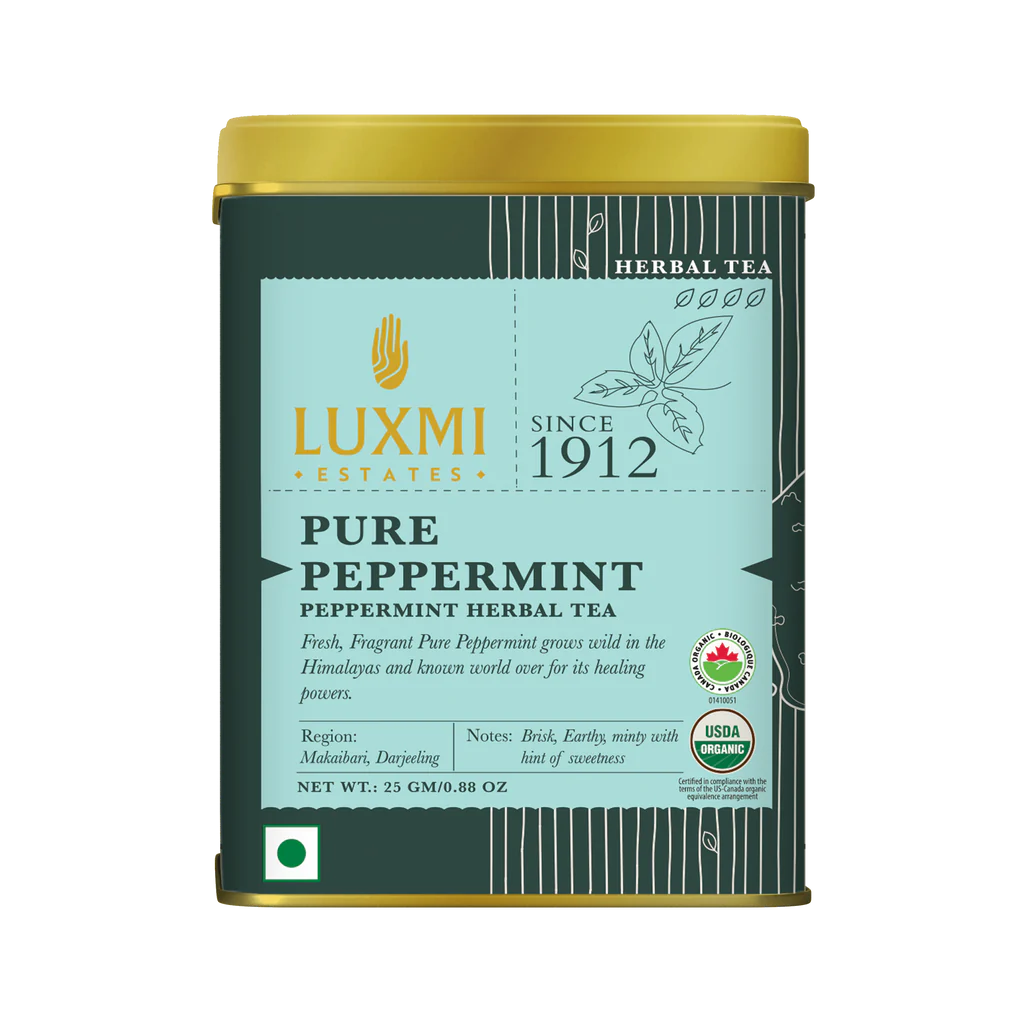 Tea | Herbal Tea (Purely Peppermint) - Brisk, Earthy, Minty With Hint Of Sweetness - USDA Organic - Caffeine Free - Luxmi Estates – 25gm