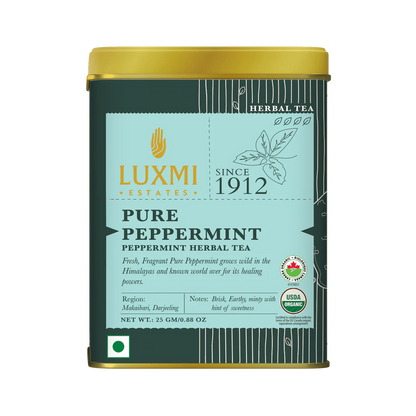 Tea | Herbal Tea (Purely Peppermint) - Brisk, Earthy, Minty With Hint Of Sweetness - USDA Organic - Caffeine Free - Luxmi Estates – 25gm