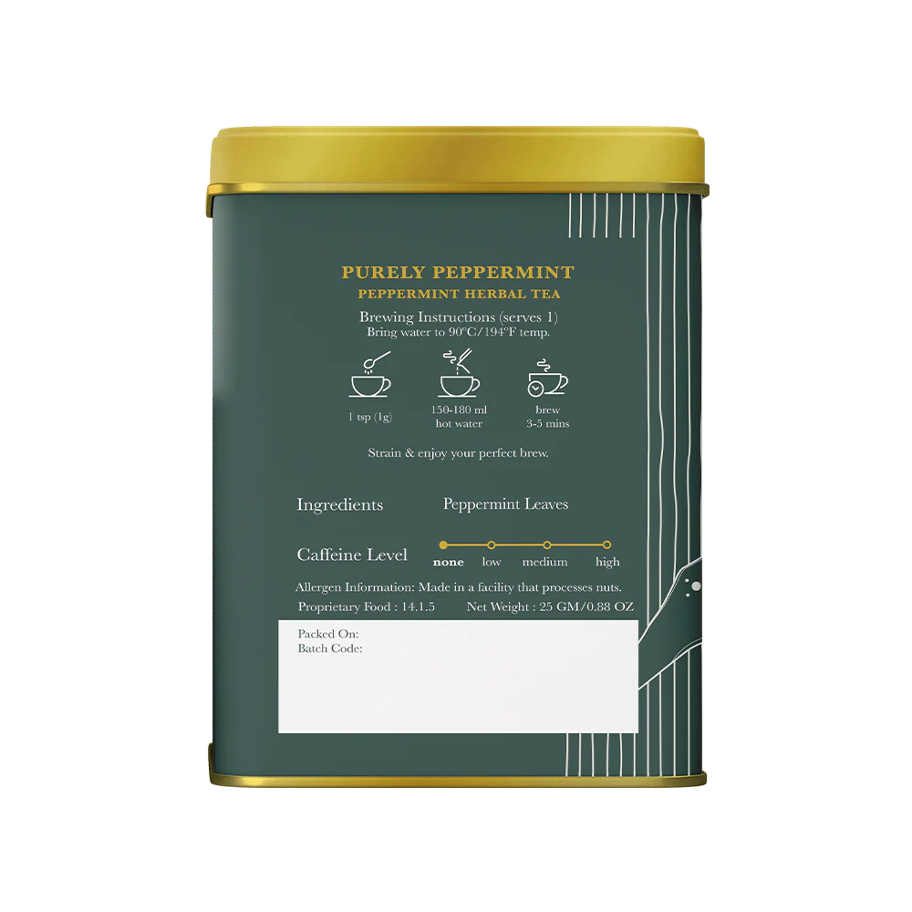 Tea | Herbal Tea (Purely Peppermint) - Brisk, Earthy, Minty With Hint Of Sweetness - USDA Organic - Caffeine Free - Luxmi Estates – 25gm