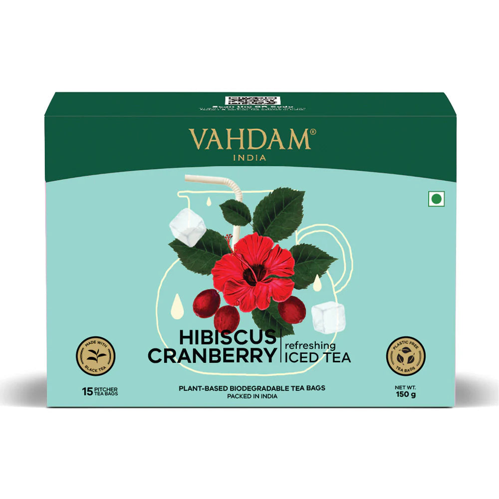Tea | Hibiscus Cranberry Refreshing Iced Tea – Tart, Fruity & Refreshing Notes – Medium Caffeine – Vahdam – 15 Pitcher Tea Bags