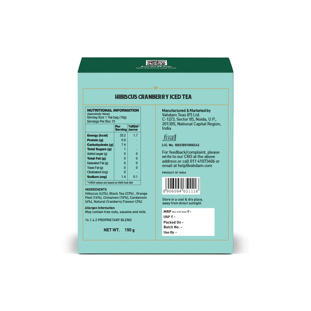 Tea | Hibiscus Cranberry Refreshing Iced Tea – Tart, Fruity &amp; Refreshing Notes – Medium Caffeine – Vahdam – 15 Pitcher Tea Bags