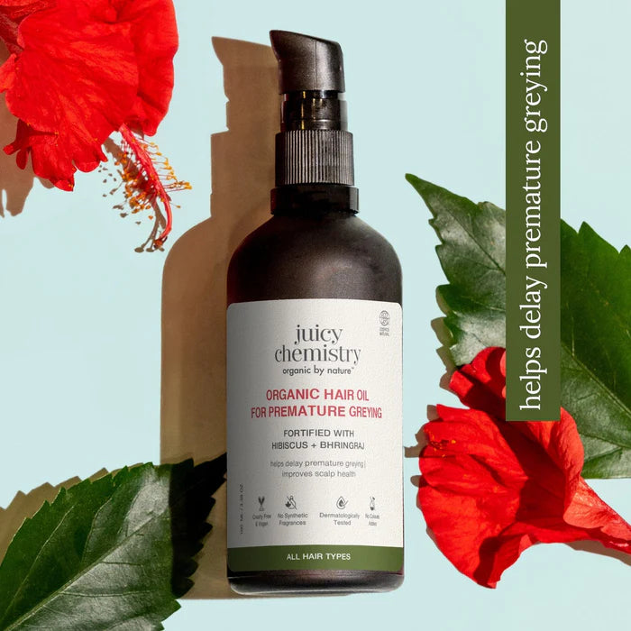 Hair Oil for Premature Greying Fortified with Hibiscus + Bhringaraj-Improves Scalp Health– Juicy Chemistry – 100ml