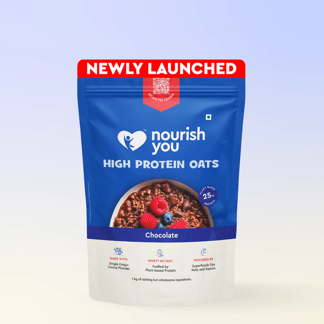 Oats | High Protein Oats (Chocolate) - 25% Plant Based Protein - Gluten Freee, No Palm Oil, No Artificial Flavours &amp; No Added Preservatives - Nourish You - 1000gm