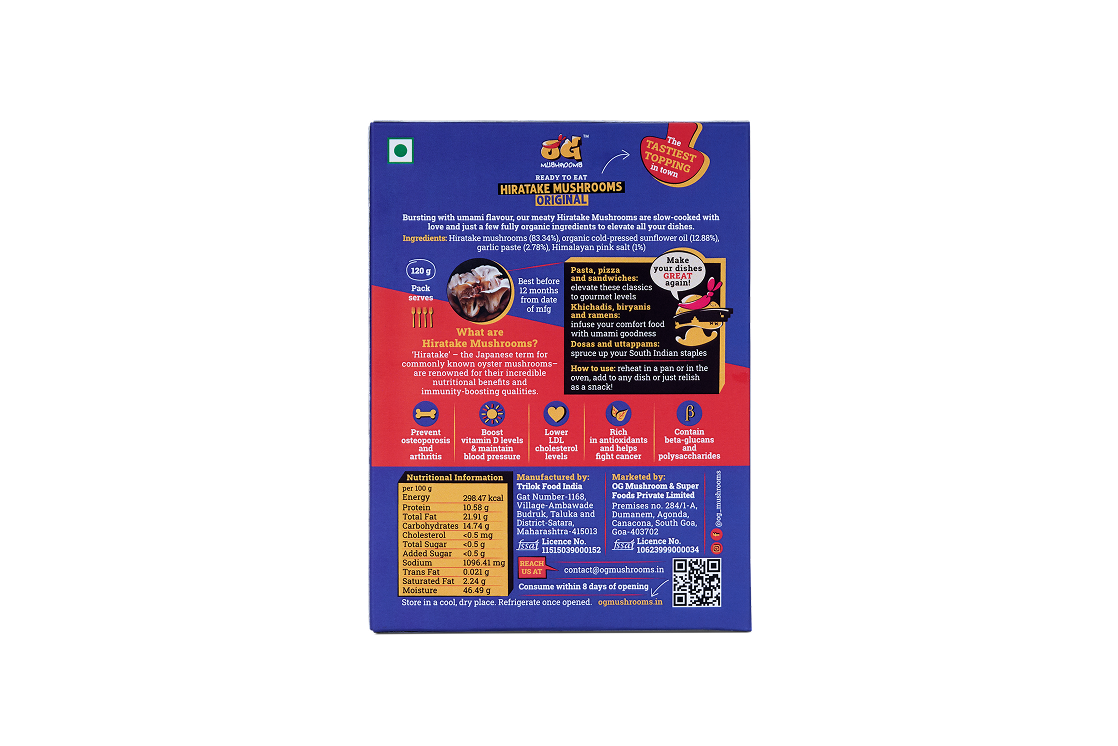 Mushrooms | Hiratake Mushrooms Original -Ready To Eat-100% Plant Based, Gluten Free- Gourmet Topping &amp; Filling -Soy Free-No Preservatives- OG Mushrooms – 120gm