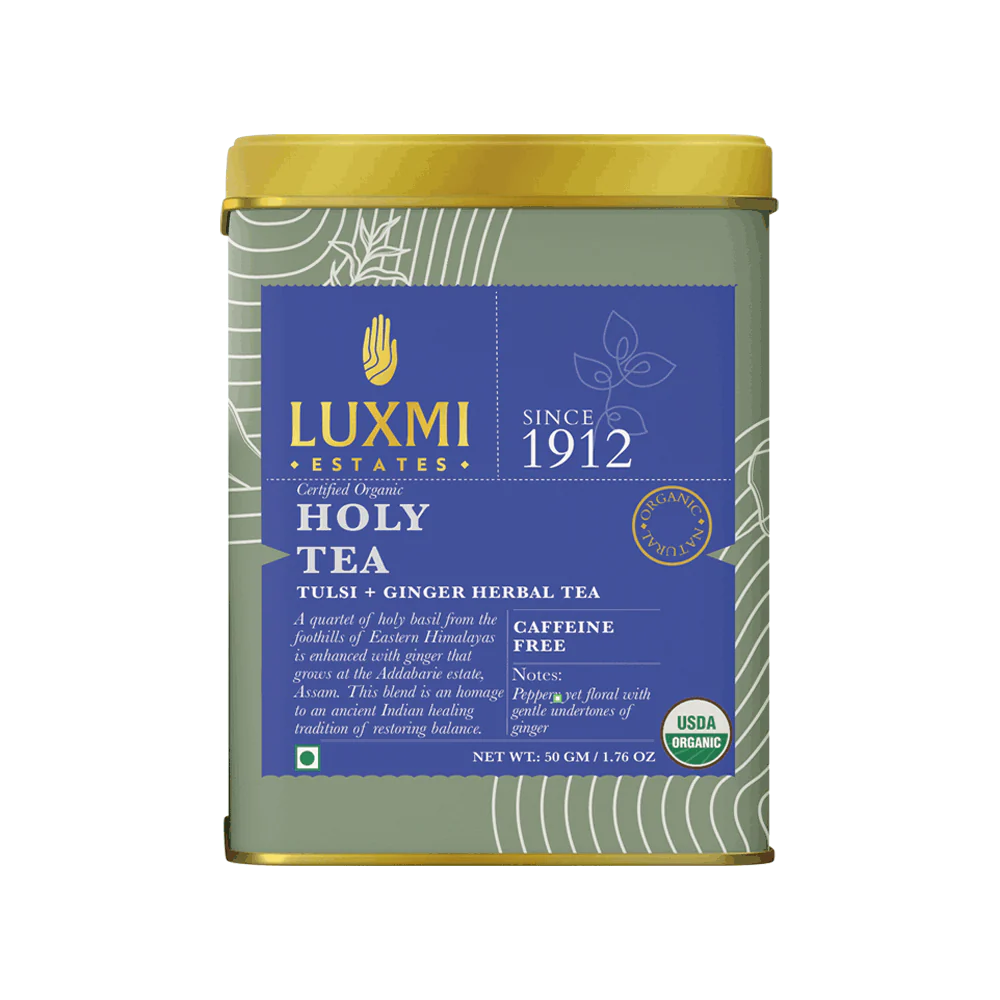 Holy Tea | Tulsi, Ginger Herbal Tea - USDA Organic - Caffeine Free - Luxmi Estate - 50gm