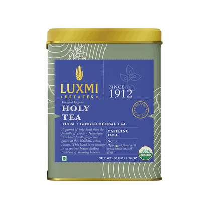 Holy Tea | Tulsi, Ginger Herbal Tea - USDA Organic - Caffeine Free - Luxmi Estate - 50gm
