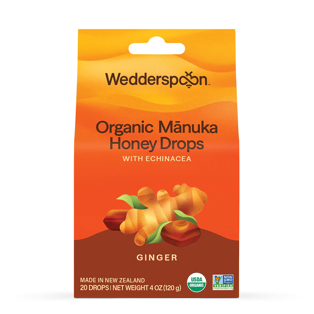 Manuka Honey Drops With Echinacea - Ginger - USDA Organic - Wedderspoon - 20 Drops (120gm)