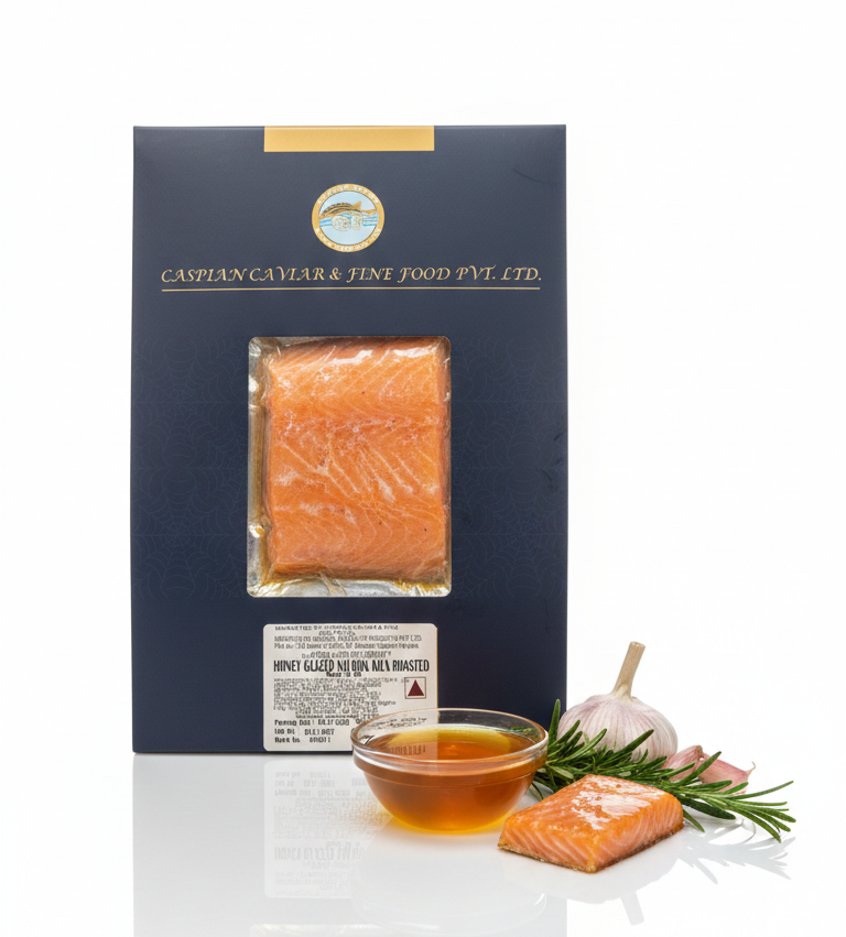 Salmon | Honey Glazed Salmon Kiln Roasted (Honey, Lemon &amp; Garlic) – No Antibiotics And Hormone Free – Caspian Caviar – 200gm