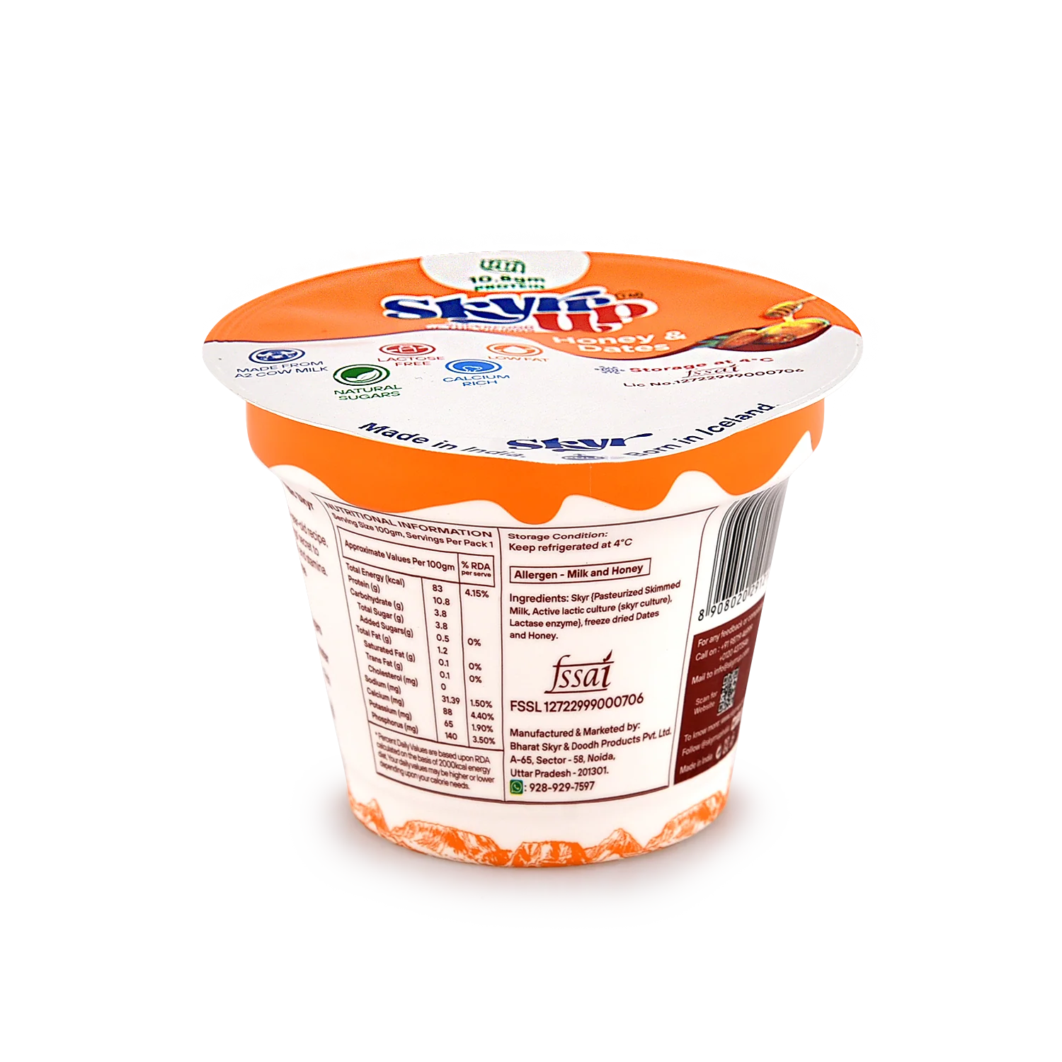 Yogurt | Honey &amp;amp; Dates (Made From A2 Milk) - Natural Sugar, 10.8gm Protein, Fat Free &amp; Lactose Free - Skyrrup - 100gm