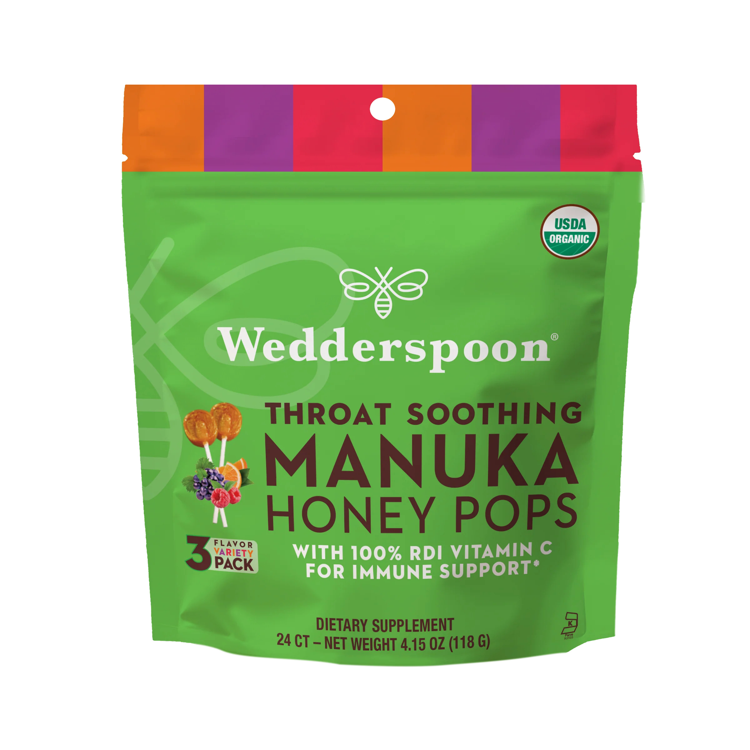 Manuka Honey Pops. - Throat Soothing - With RDI Vitamin C - USDA Organic - Wedderspoon (118gm)