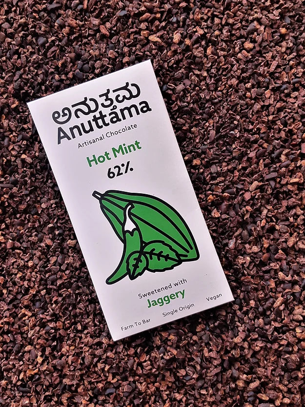 Chocolate | Hot Mint (Sweetened With Jaggery) – 62% Cocoa – Farm To Bar – Single Origin – Vegan, No Added Preservatives &amp; No Added Artificial Flavours – Anuttama Artisanal Chocolate – 50gm