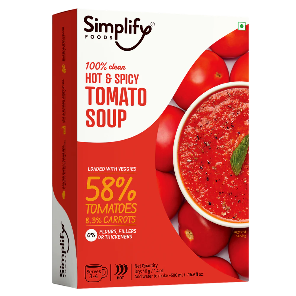 Soup | Hot &amp; Spicy Tomato Soup (Loaded With Veggies 58% Tomatoes &amp; 8.3% Carrots) – 100% Clean – No Flours, Fillers, Thickeners, No Preservatives, Colours &amp; No Additives – Simplify Foods – 40gm