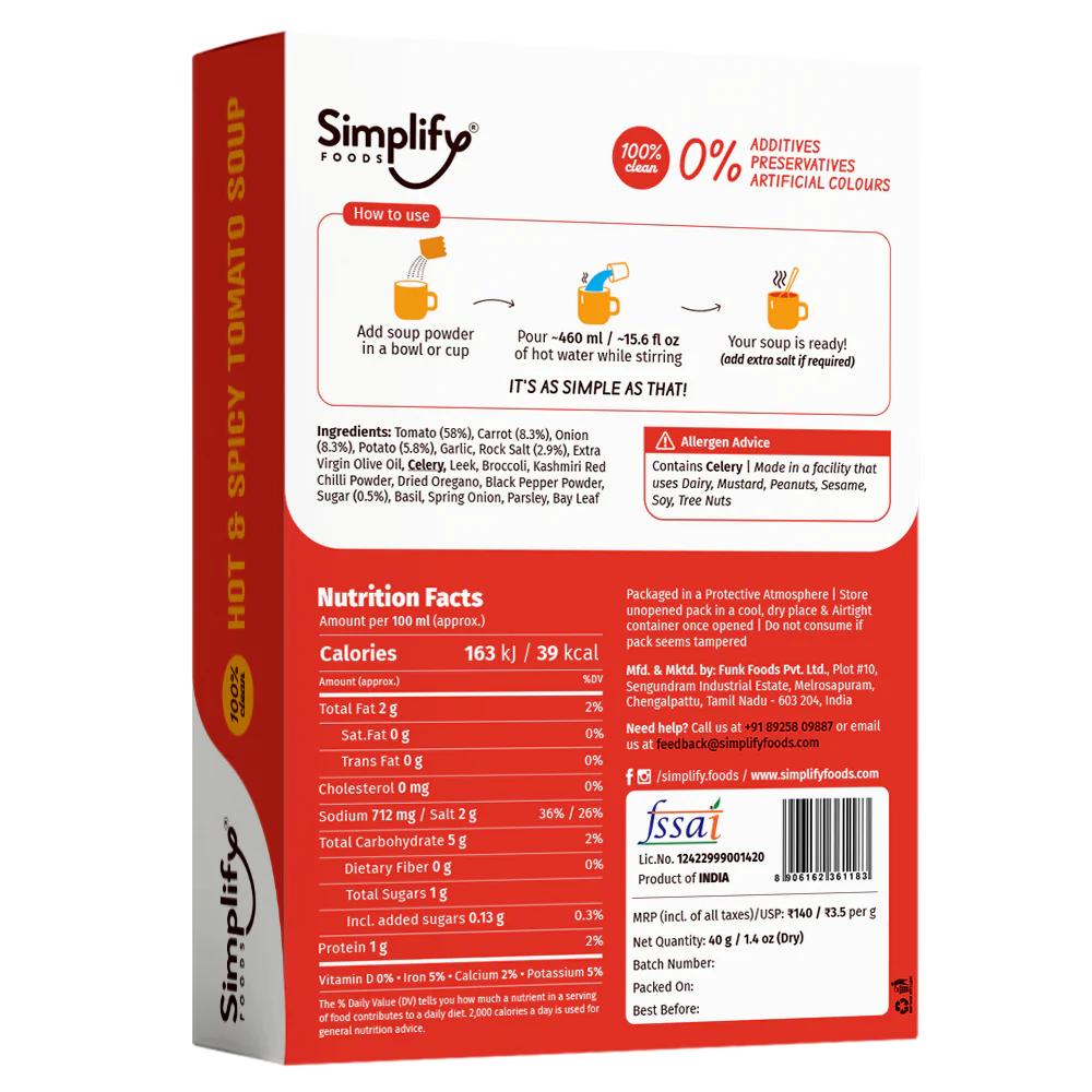 Soup | Hot &amp; Spicy Tomato Soup (Loaded With Veggies 58% Tomatoes &amp; 8.3% Carrots) – 100% Clean – No Flours, Fillers, Thickeners, No Preservatives, Colours &amp; No Additives – Simplify Foods – 40gm