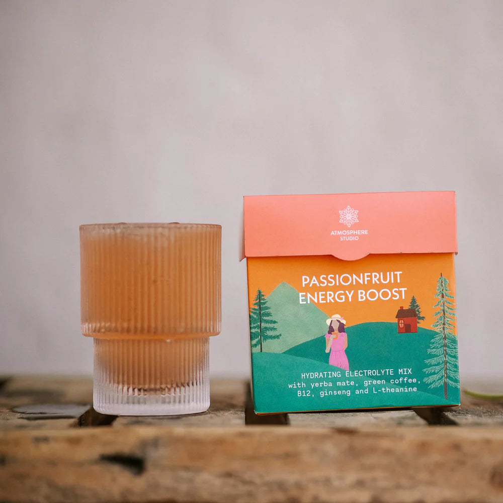 Electrolyte Powder | Passion Fruit Energy Boost - Hydrating Electrolyte Mix (With Yerba Mate, Green Coffee, B12, Ginseng And L-Theanine)) - For Adults - No Added Sugar - Atmosphere - 90gm