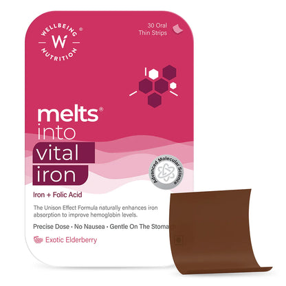 Melts Into Vital Iron ( Iron + Folic Acid )- Peach and Lychee Flavour – USDA Organic – Vegan &amp;amp; Zero Sugar – Wellbeing Nutrition – 30 Oral Strips