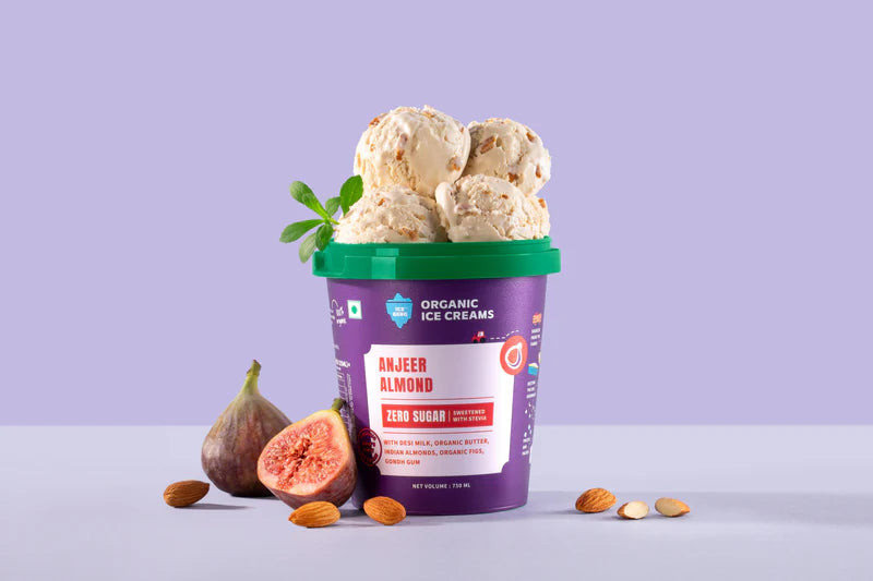 Ice Cream | Anjeer Almond Ice Cream (Zero Sugar, Sweetened with Stevia ) - Made From Desi Milk , Gondh Gum, Organic Butter, Nutty Vanilla, Anjeer Almond - Churned with authentic &amp; Real Ingredients - Iceberg Organic Ice Cream - 750ml