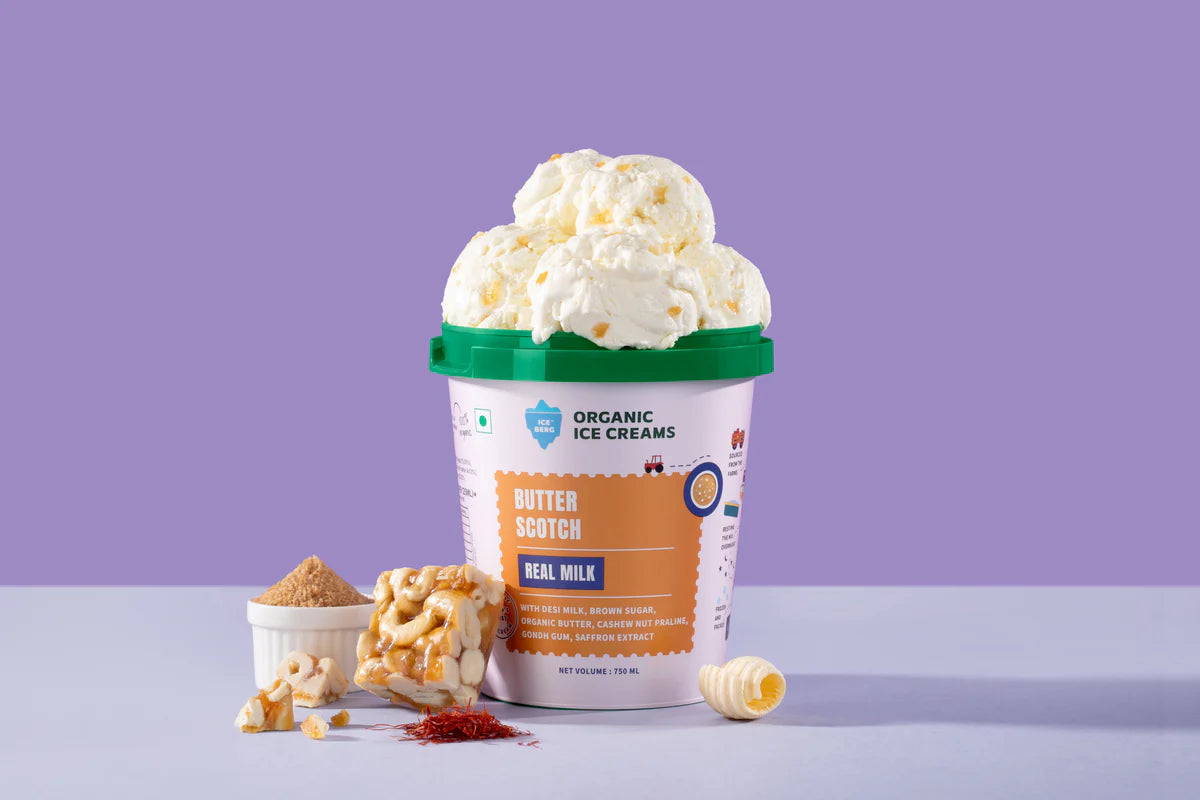 Ice Cream | Butter Scotch Ice Cream (Made From Real Milk, Gondh Gum, Organic Butter, Butter Scotch ) - Churned with authentic &amp; Real Ingredients - Iceberg Organic Ice Cream - 750ml