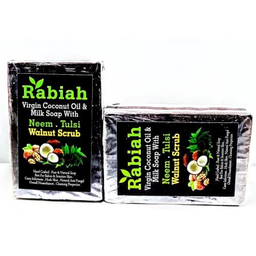 Coconut Milk &amp; Neem Tulsi Walnut Scrub Soap - Rabiah - 100gm