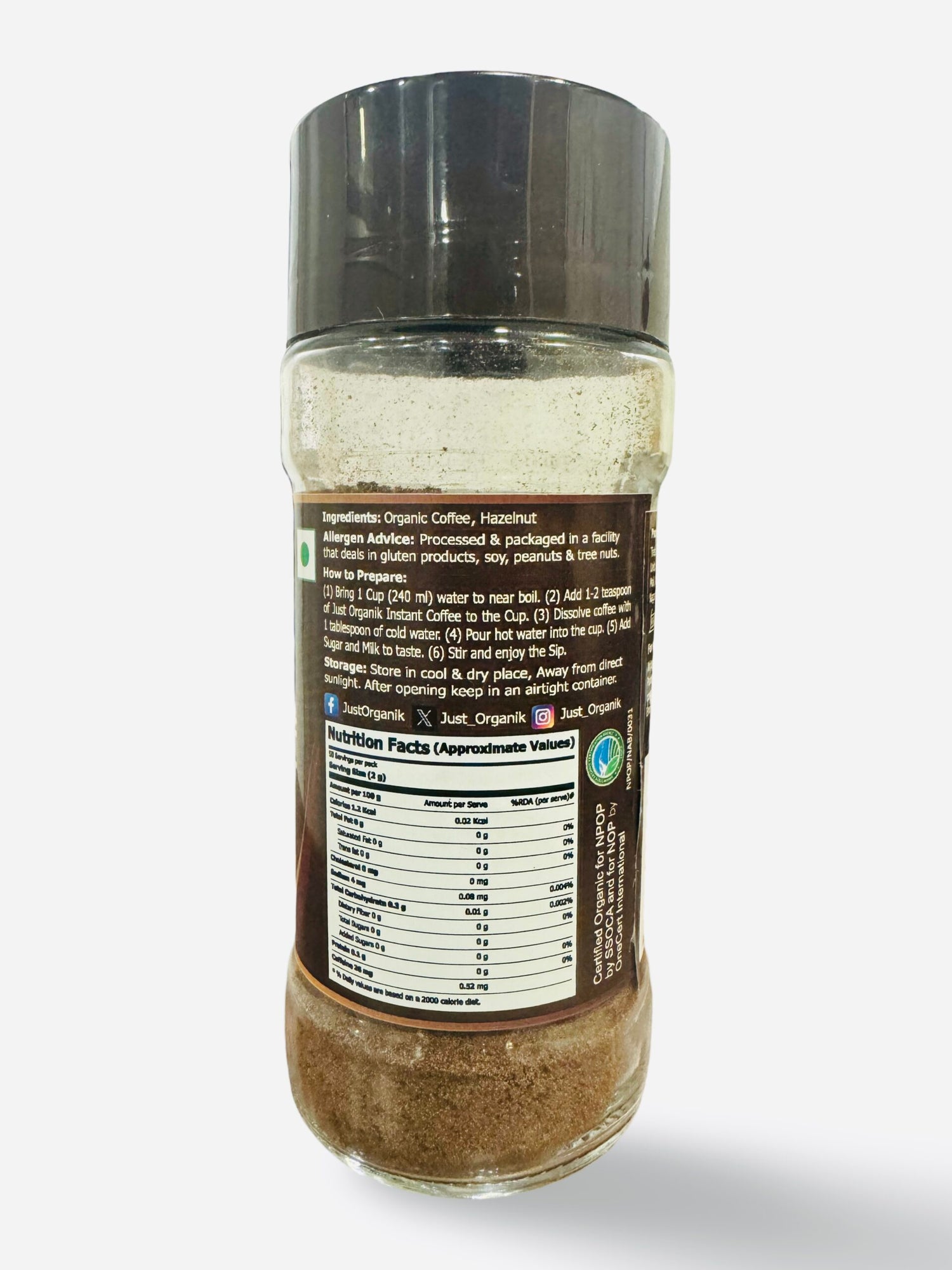 Coffee | Hazelnut Coffee - GMO Free, Pesticide Free &amp;amp; Chemical Free - USDA Organic - Just Organik - 100gm
